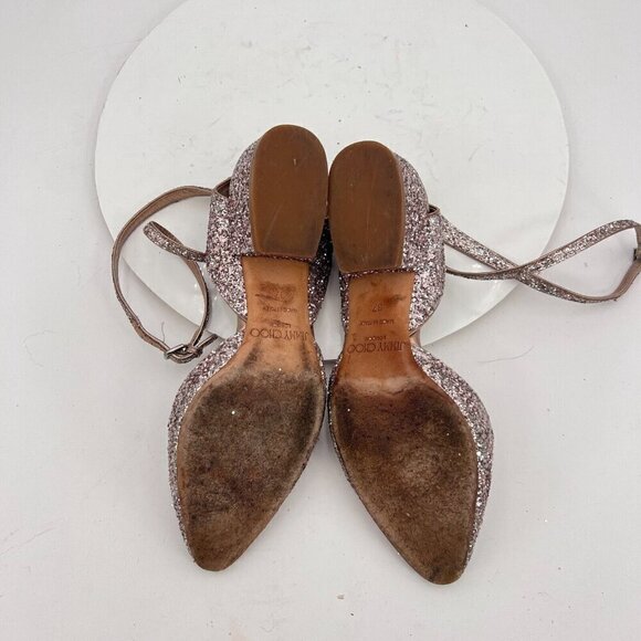 Jimmy Choo Women Size EU 37 US 7 Silver Pink Glitter Ankle Strap Low Heel Sandal - Picture 11 of 16